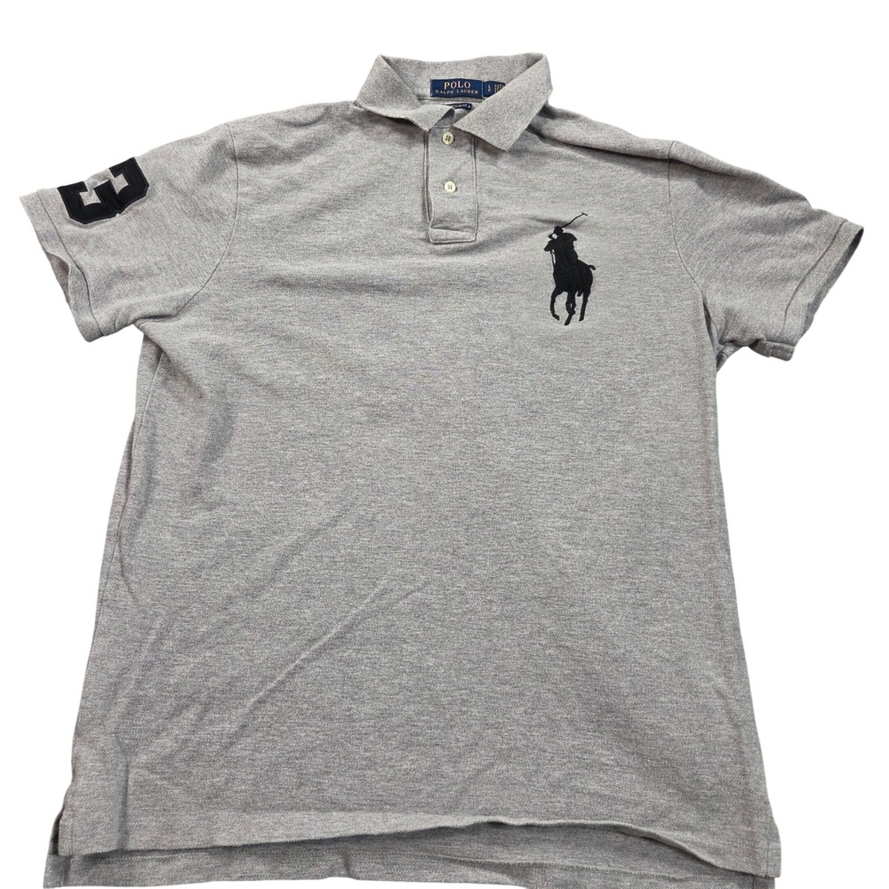 Polo Ralph Lauren Polo Shirt Mens Large Gray Big Pony Custom Slim Fit 3 Patch